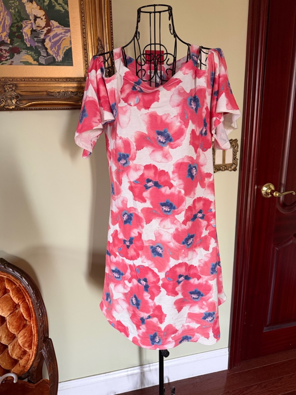 VENUS Cold-Shoulder Floral Mini Dress in Coral and Blue